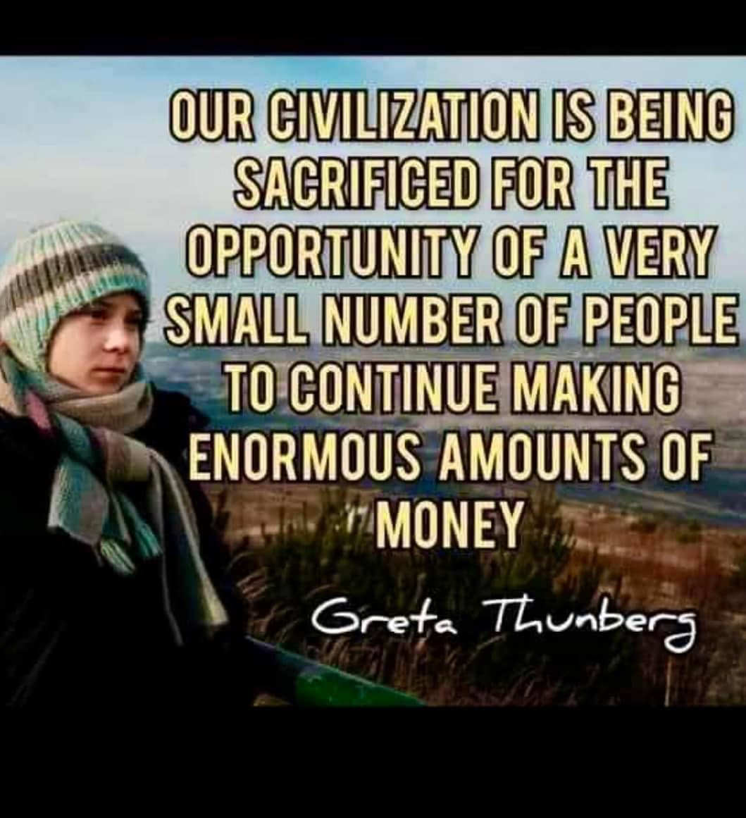 This meme is a humorous commentary on the perceived hypocrisy of environmental activist Greta Thunberg. It features a photo of Thunberg with a quote overlaid on top, which reads: "Our civilization is being sacrificed for the opportunity of a very small number of people to get very rich". The quote is attributed to Greta Thunberg, and the image is likely meant to be ironic or satirical, highlighting the contrast between Thunberg's environmental activism and the wealthy elite.